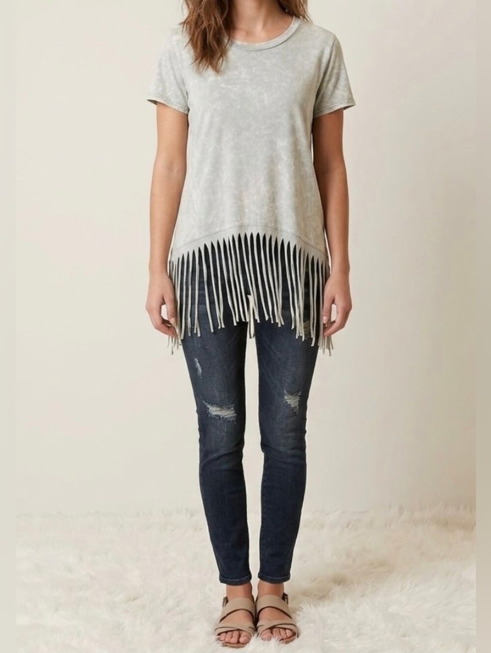 BiBi Mint Green Fringe Blouse Size M Medium Mineral Wash Short Sleeve Tee Top